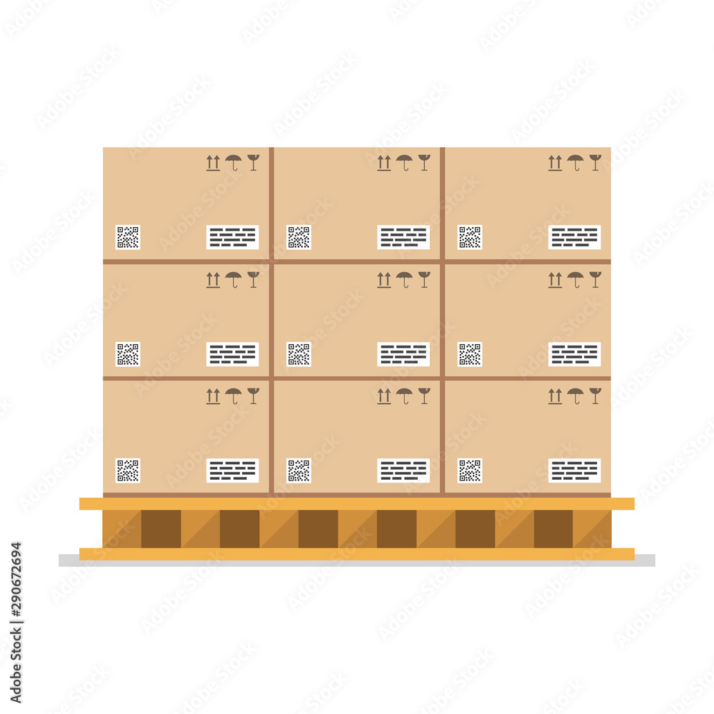 Cardboard boxes with fragile signs and barcode on wooded pallet. Vector illustration. Cardboard boxes with fragile signs and barcode on wooded pallet. Vector illustration.