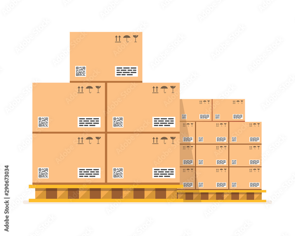 Cardboard boxes with fragile signs and barcode on wooded pallet. Vector illustration. Cardboard boxes with fragile signs and barcode on wooded pallet. Vector illustration.