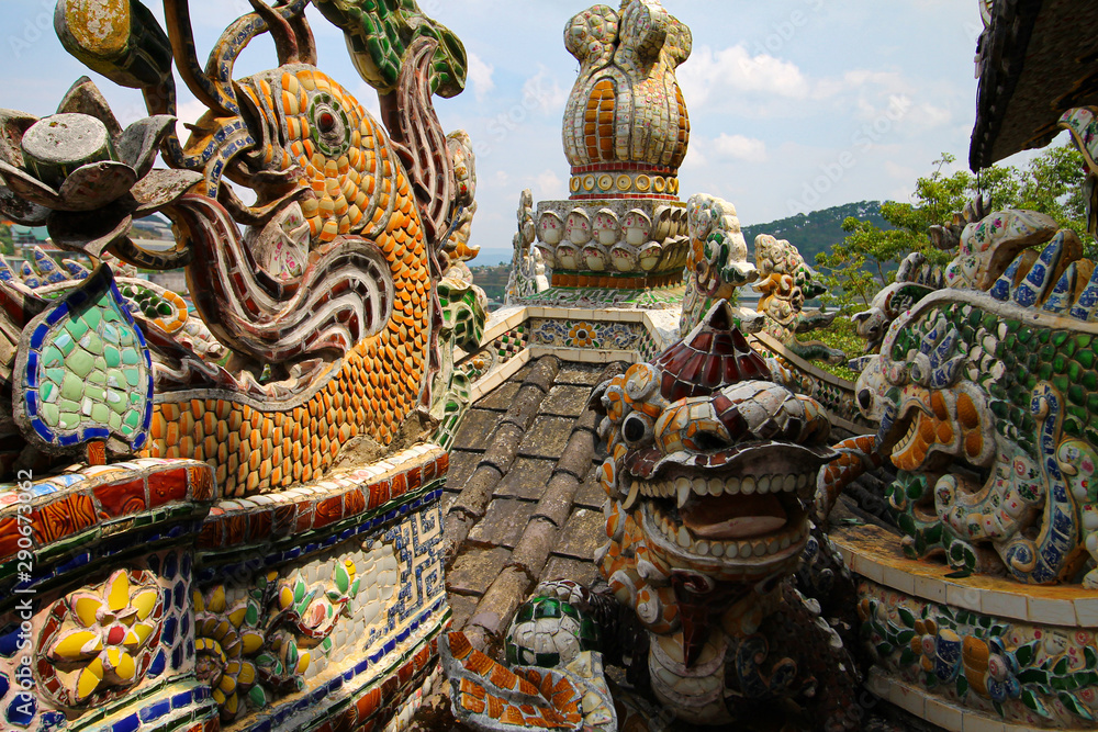 Linh Phuoc Pagoda, also called Ve Chai Pagoda, was built from debris of glass, pottery bowls and porcelain of Da Lat City