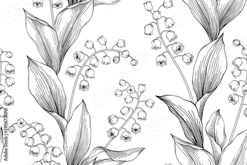 lily of the valley flower and leaves pattern seamless background illustration.
