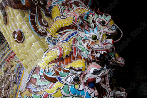 Mosaic dragon sculpture in Linh Phuoc Pagoda also known as Ve Chai Pagoda which is a popular free tourist attraction in Trai Mat District in Da Lat, Vietnam