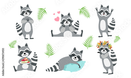 Cute Funny Raccoons Collection, Adorable Funny Forest Animal Character in Different Situations Vector Illustration © topvectors