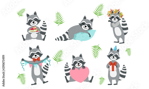 Cute Funny Raccoons Collection, Adorable Funny Animal Character in Different Situations Vector Illustration