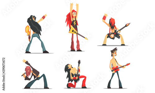 Rock Musicians Singing and Playing Guitar Set, Male Rockers Performing on Stage Vector Illustration