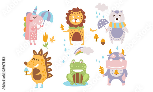 Fototapeta Naklejka Na Ścianę i Meble -  Cute Forest Animals Set, Autumn Season Design Elements, Unicorn, Lion, Cat, Hedgehog, Frog, Cow Vector Illustration