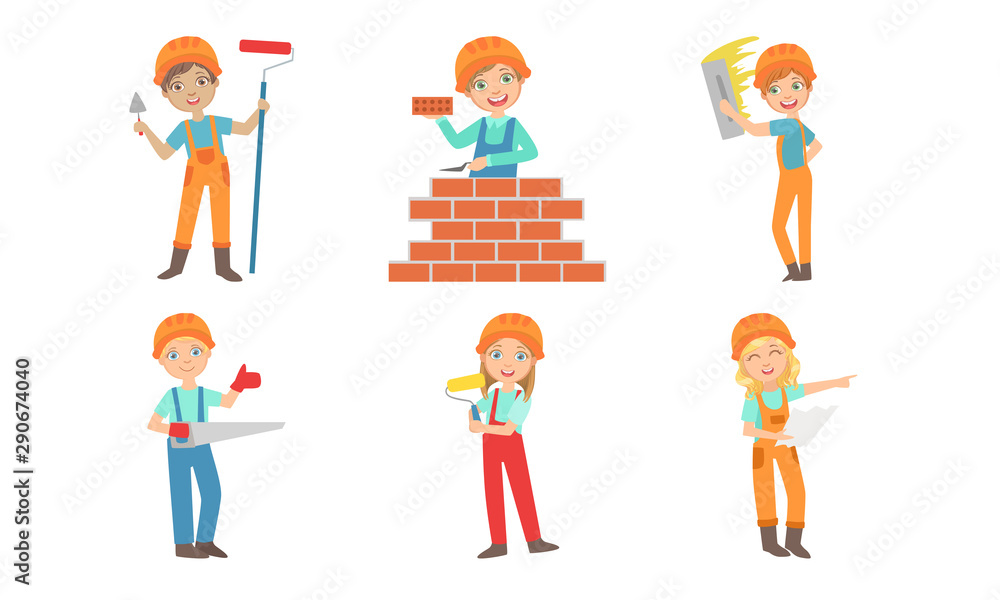 Cute Kids Construction Workers Set, Boys and Girls Builders Characters in Workwear Overalls and Hard Hats with Professional Tools Vector Illustration Cute Kids Construction Workers Set, Boys and Girls Builders Characters in Workwear Overalls and Hard Hats with Professional Tools Vector Illustration