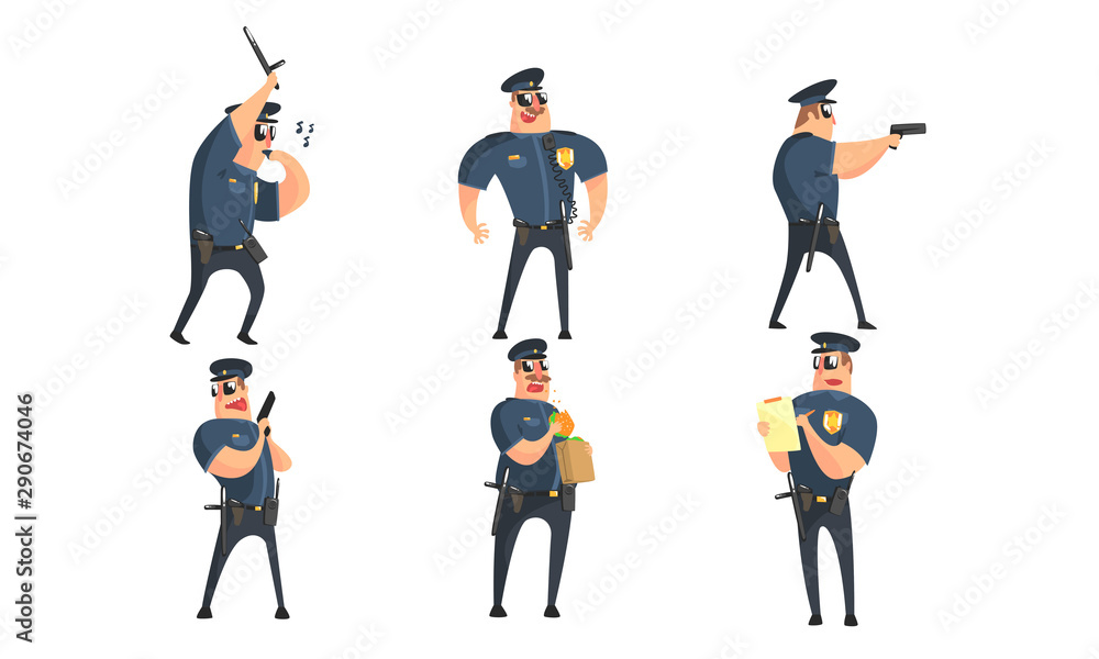 Funny Male Policeman Cartoon Characters Set, Public Safety Officer in  Uniform Posing in Different Situations Vector Illustration Stock Vector |  Adobe Stock