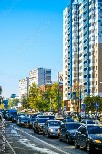 Moscow, Russia - September, 9, 2019: morning traffic jam in Moscow , Russia