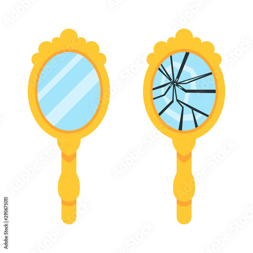 Retro hand mirror set. New and broken mirror. Vector illustration.