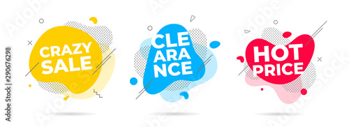 3 Modern liquid abstract crazy sale, clearance, hot price text set flat style design fluid amoeba color vector illustration banners or flyer leflet icon sign.