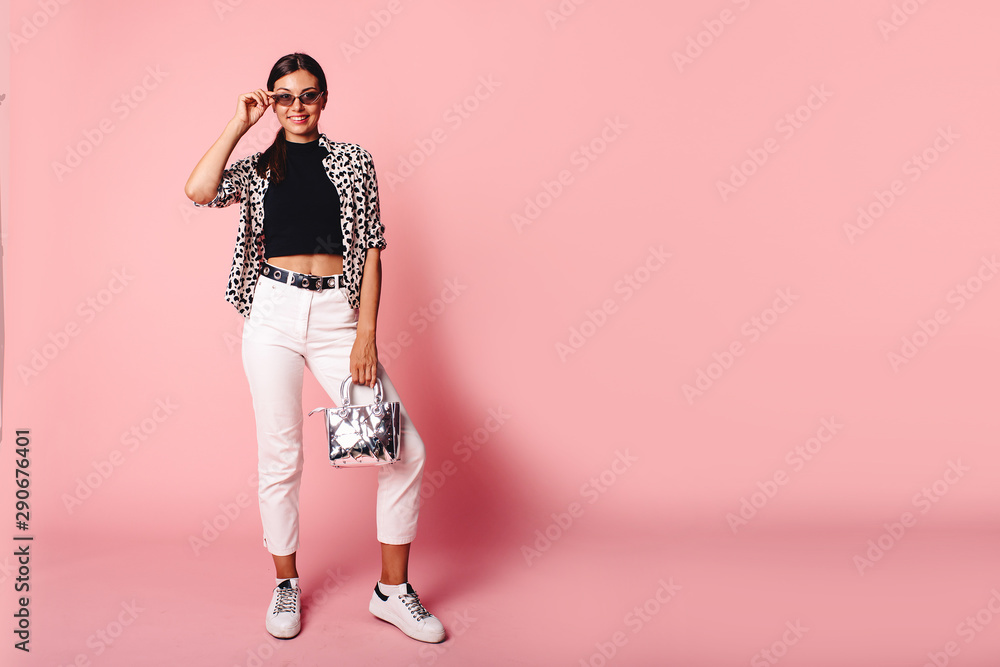 Fashion Model Girl Full Length Portrait Isolated On Pink Background 
