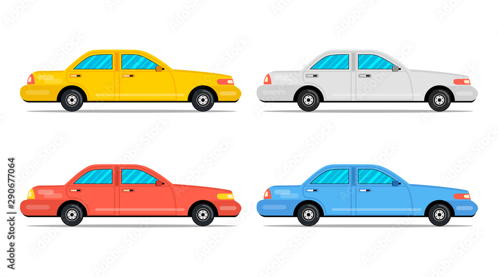 Cars side view. Flat cartoon style. Vector illustration.