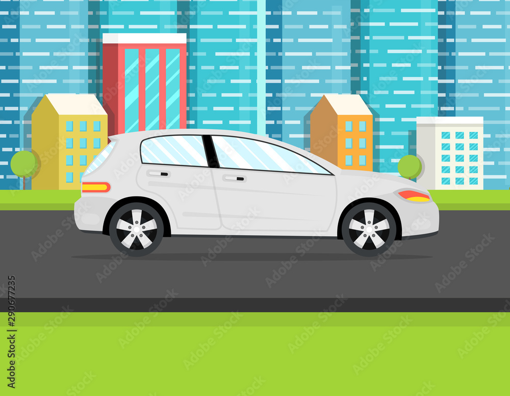 Cars side view. City downtown landscape on the background. Vector illustration. Cars side view. City downtown landscape on the background. Vector illustration.