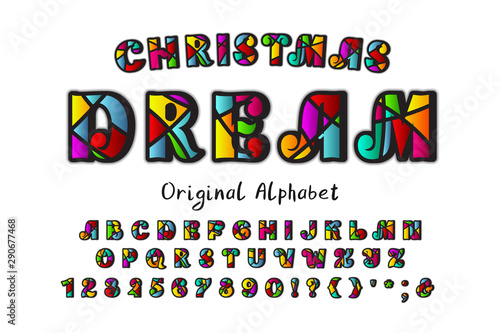 Original vector alphabet. Bright Christmas font with mosaic pattern. Retro 3D Pop art typography. Uppercase English alphabet letters and numbers. Puzzle multicolor typeface for Christmas gifts design