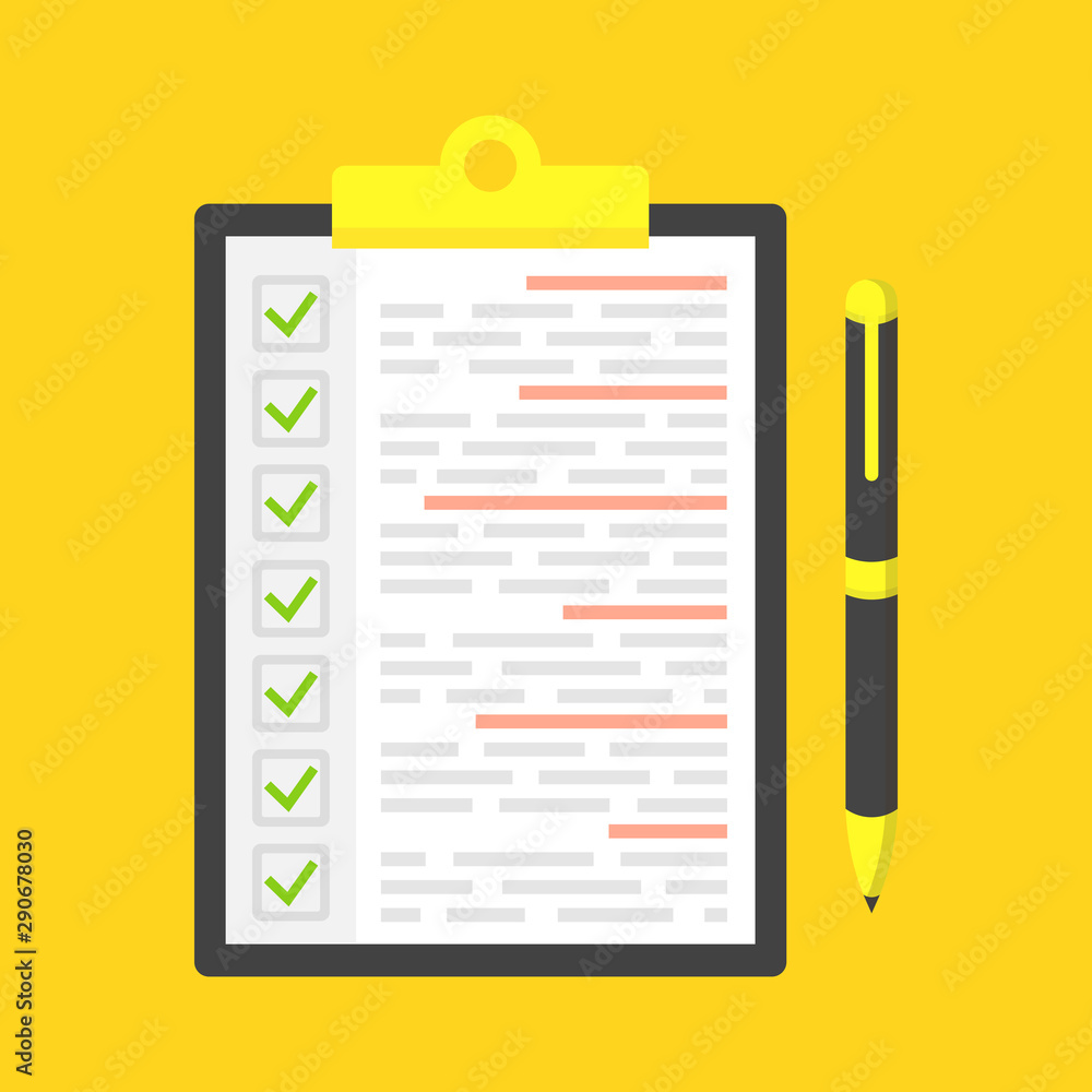 Clipboard with green ticks checkmarks and black pen. Vector illustration. Clipboard with green ticks checkmarks and black pen. Vector illustration.