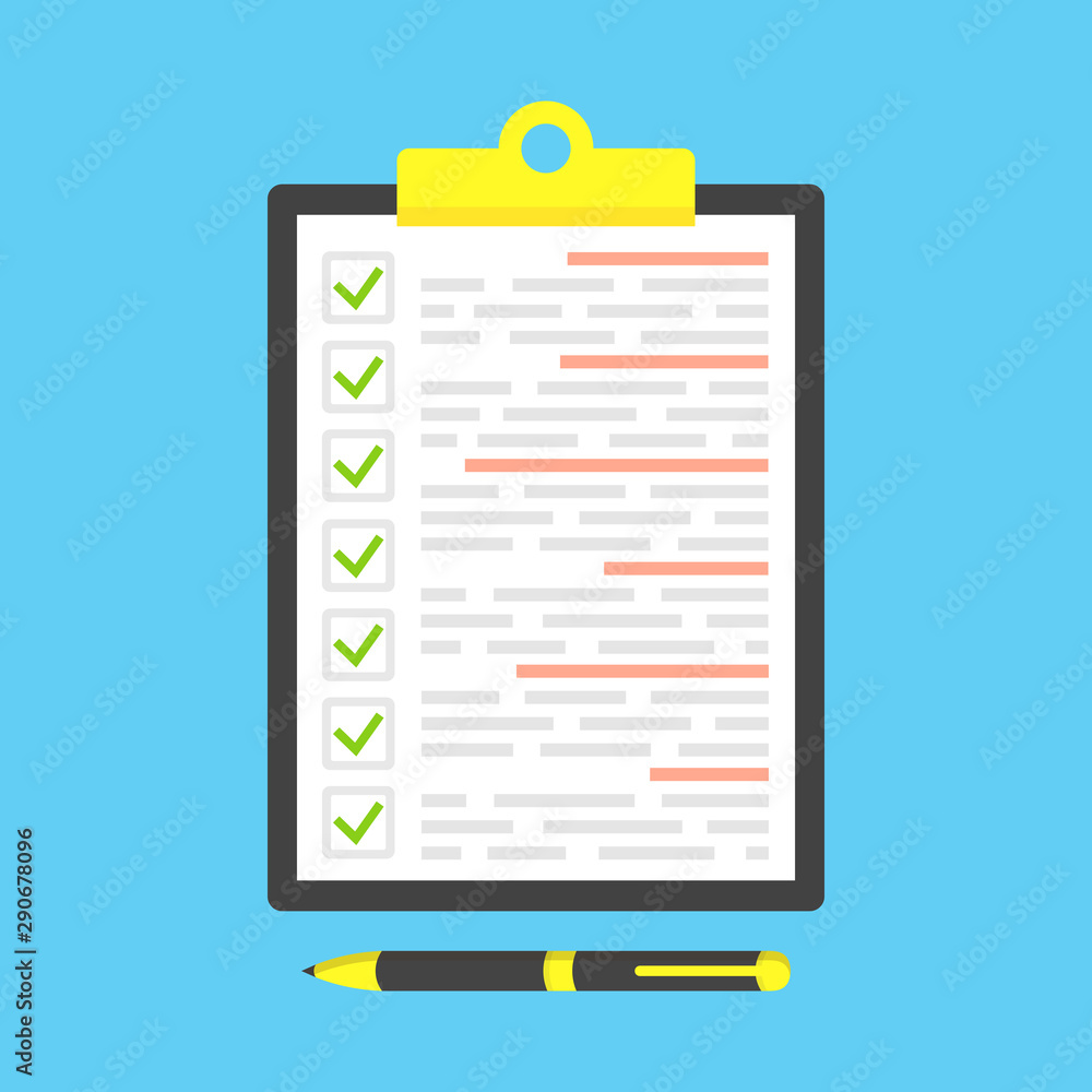 Clipboard with green ticks checkmarks and black pen. Vector illustration. Clipboard with green ticks checkmarks and black pen. Vector illustration.