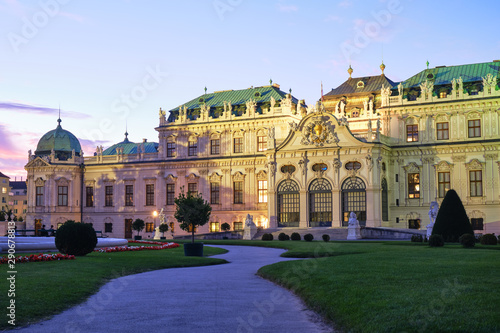 Upper Belvedere Palace in Wien, at dusk, with nice warm light on the building facade.