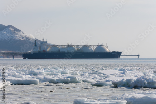 LNG tanker, Sea shoreline with ice