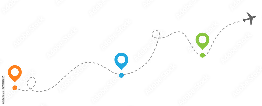 airplanes with dotted flight path. dotted trail and fly direction. The plane flies from the airport to rest. Vector illustration. airplanes with dotted flight path. dotted trail and fly direction. The plane flies from the airport to rest. Vector illustration.
