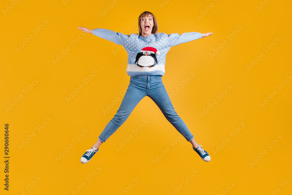 Omg I can fly. Full body photo of pretty funky comic joking screaming enjoying life having good mood hipster student stretching legs and arm to the sides in star shape isolated vivid color background