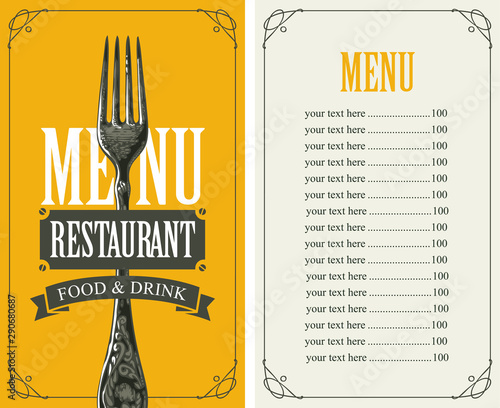Vector template menu for restaurant with price list and realistic fork in figured frame with curls on yellow background in retro style