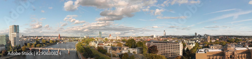 Frankfurt/Main Skyline Aerial Drone Shot At Sunset, view along the river