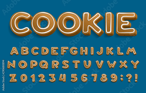 Holiday Ginger Cookie alphabet font. 3D Cartoon letters and numbers with icing sugar covering. Xmas vector illustration for your design.