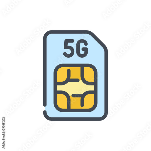 5G sim card color line icon. 5G network vector outline colorful sign.