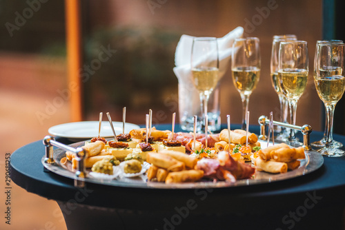 Catering service food and champagne glasses