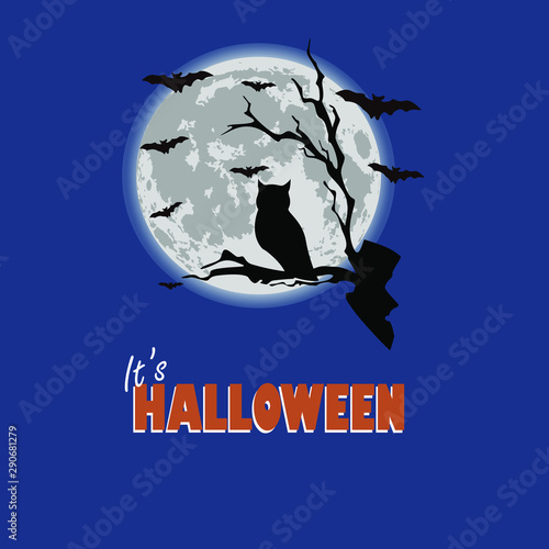 Halloween Template with owl, bats, and super moon