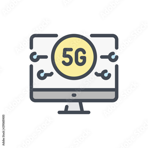 Computer with 5G network color line icon. 5G network vector outline colorful sign.