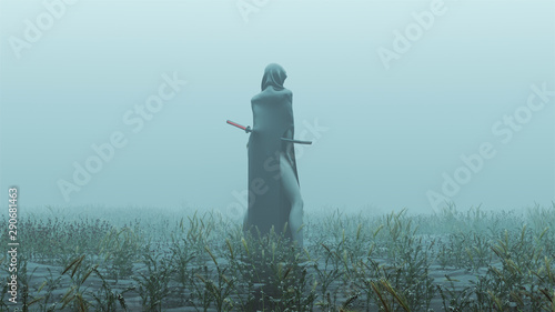 Futuristic Demon Nun In a High Split Dress and face Mask Abstract Demon Assassin with Samurai Sword Foggy Watery Void with Reeds and Grass background Back View 3d Illustration 3d render