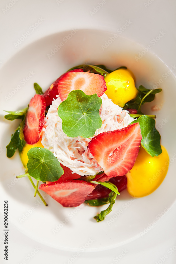 Ripe Tomato Salad with Strawberries, Crab Meat and Strachatella Cheese Ripe Tomato Salad with Strawberries, Crab Meat and Strachatella Cheese