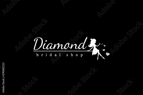 White logotype Diamond with sitting fairy princess silhouette and crystals on black background. Vector illustration for logo bridal shop, kids fashion, invitation, decor.
