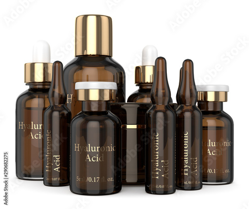 3d render of hyaluronic acid vials, bottles and cream