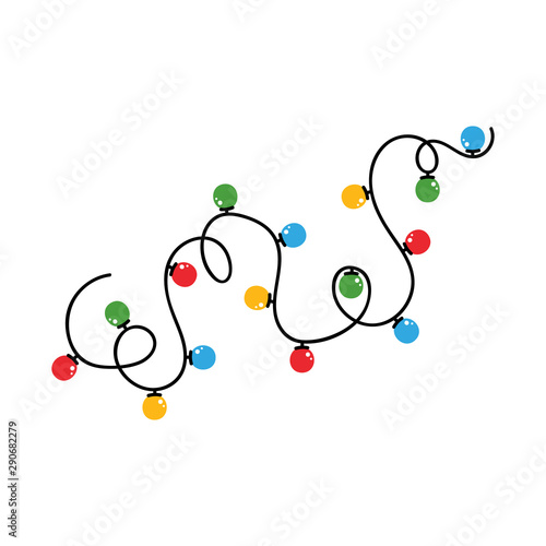 Vector cartoon icon, illustration of tangled wire with colorful christmas lights isolated on white background.