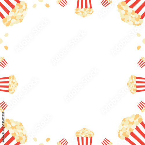 Vector frame, card template with striped buckets full of popcorn.