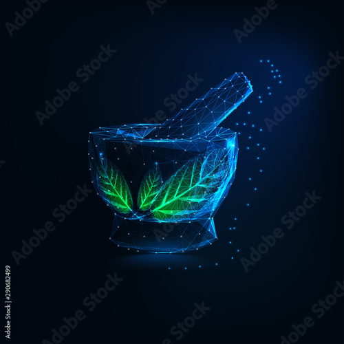 Futuristic glowing low polygonal mortar and pestle with green leaves. Herbal pharmacy logo.