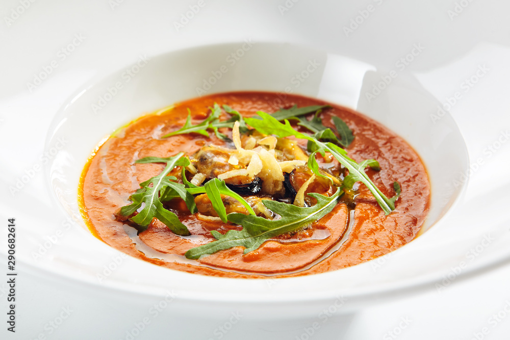 Spicy Tomato Soup with Fried Mussels and Chili Pepper
