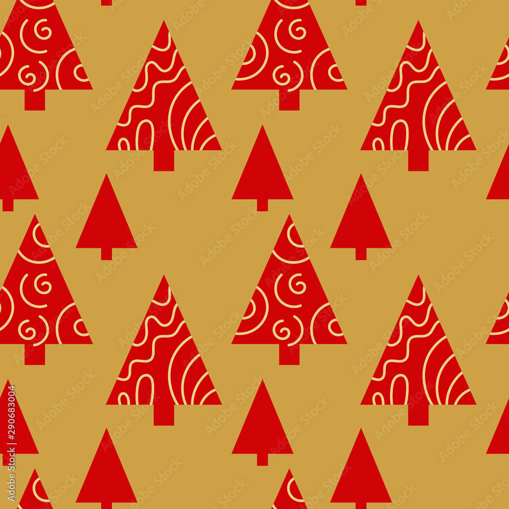 Red Christmas trees with hand drawn decoration on gold background. Vector Seamless pattern. Red Christmas trees with hand drawn decoration on gold background. Vector Seamless pattern.