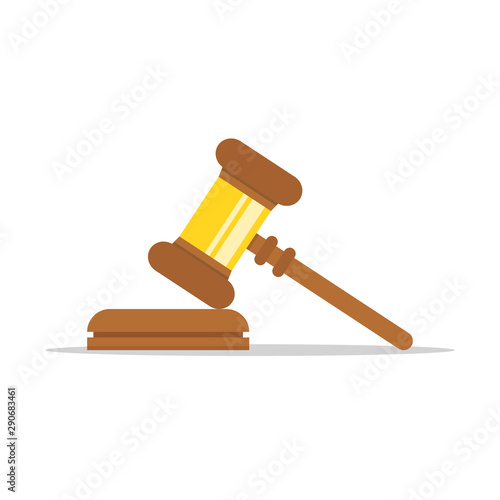 Gavel judge isolated on a colored background. Wooden gavel law concept. Flat cartoon style. Vector illustration.