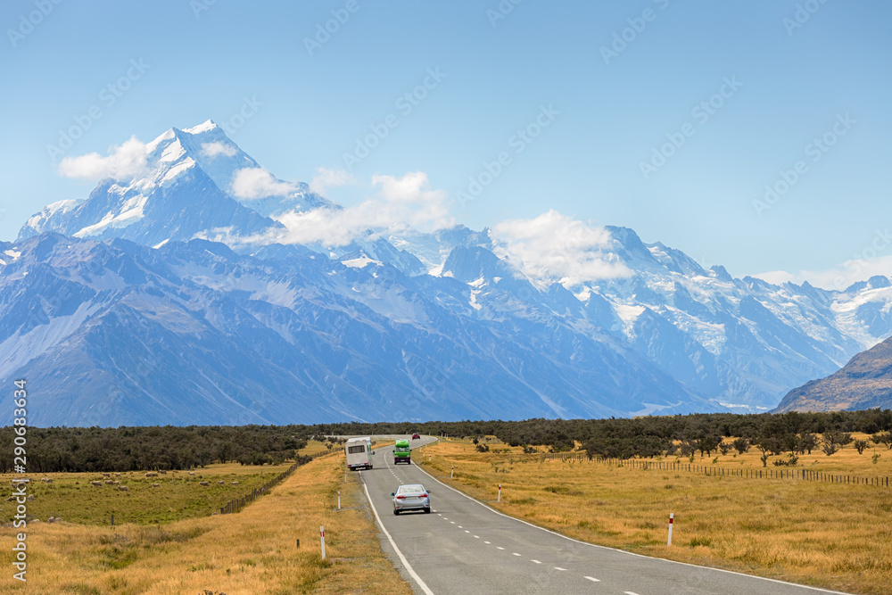 Naklejka premium View of Road leading to Aoraki Mount Cook National Park at South Island New Zealand, Summertime