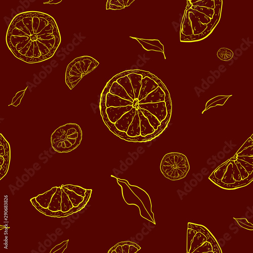 Ink sketch oranges on a brown background. Citrus fruit background. Oranges seamless pattern. Elements for menu  greeting cards  wrapping paper  cosmetics packaging  posters.