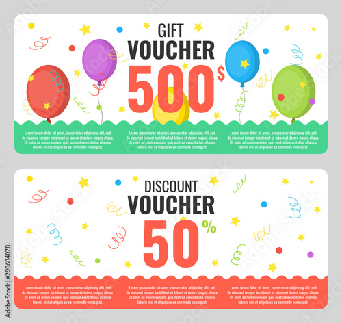 Set of colorful gift vouchers. Certificate template for a holiday. Vector illustration.