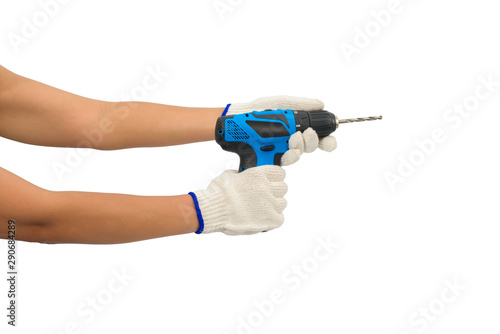 asian woman worker with protective gloves hand holding power drill isolated on white