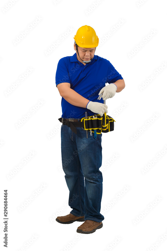 construction man workers in blue shirt with Protective gloves, helmet with tool belt hand holding hammer isolated on white construction man workers in blue shirt with Protective gloves, helmet with tool belt hand holding hammer isolated on white