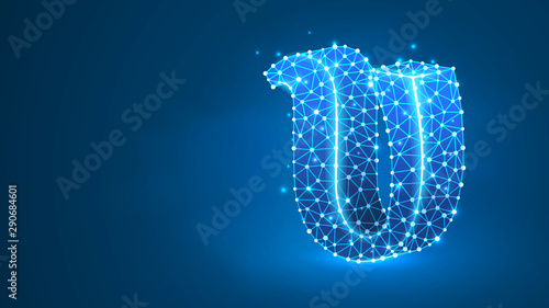 Upsilon, the letter of a Greek alphabet. Greek numerals, mathematical four hundred number concept. Abstract, digital, wireframe, low poly mesh, Raster blue neon 3d illustration. Triangle, line dot