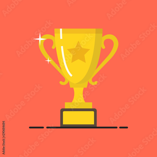Golden winner cup. Trophy cup. Flat cartoon icon. Vector illustration.