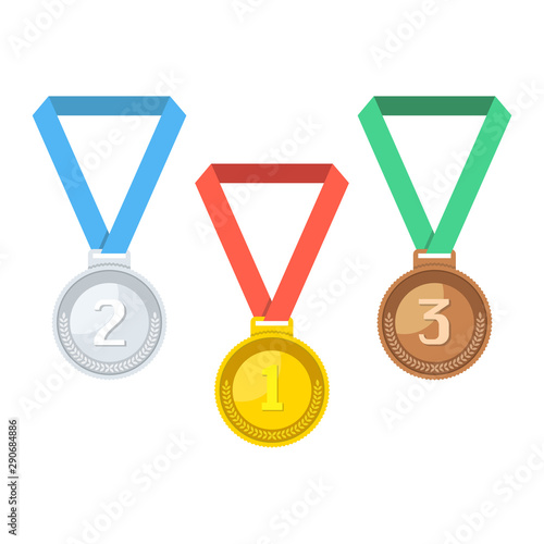 Gold, silver, bronze medal for first place. Trophy, award for winner isolated on white background. Achievement, victory concept. Flat cartoon style. Vector illustration.