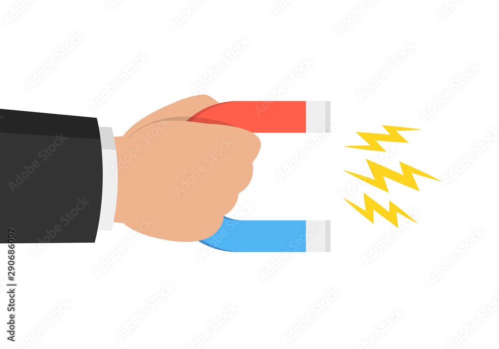 Hand of a businessman with magnet. Business concept of the attraction of money, customers and investment. Vector illustration. Hand of a businessman with magnet. Business concept of the attraction of money, customers and investment. Vector illustration.